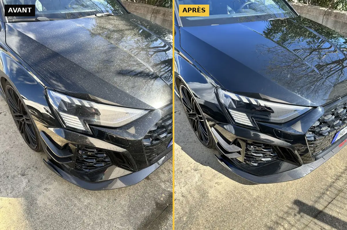 Avant et après nettoyage extérieur sans eau d'un capot d'Audi RS3 à domicile à Bastia