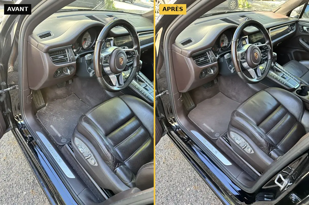 Avant et après nettoyage intérieur sans eau d'un Porsche Macan S à domicile à Bastia